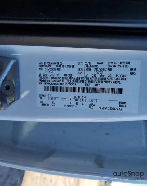 2017 Ford Escape Se from USA, damaged, VIN 1FMCU0GD0HUD09509